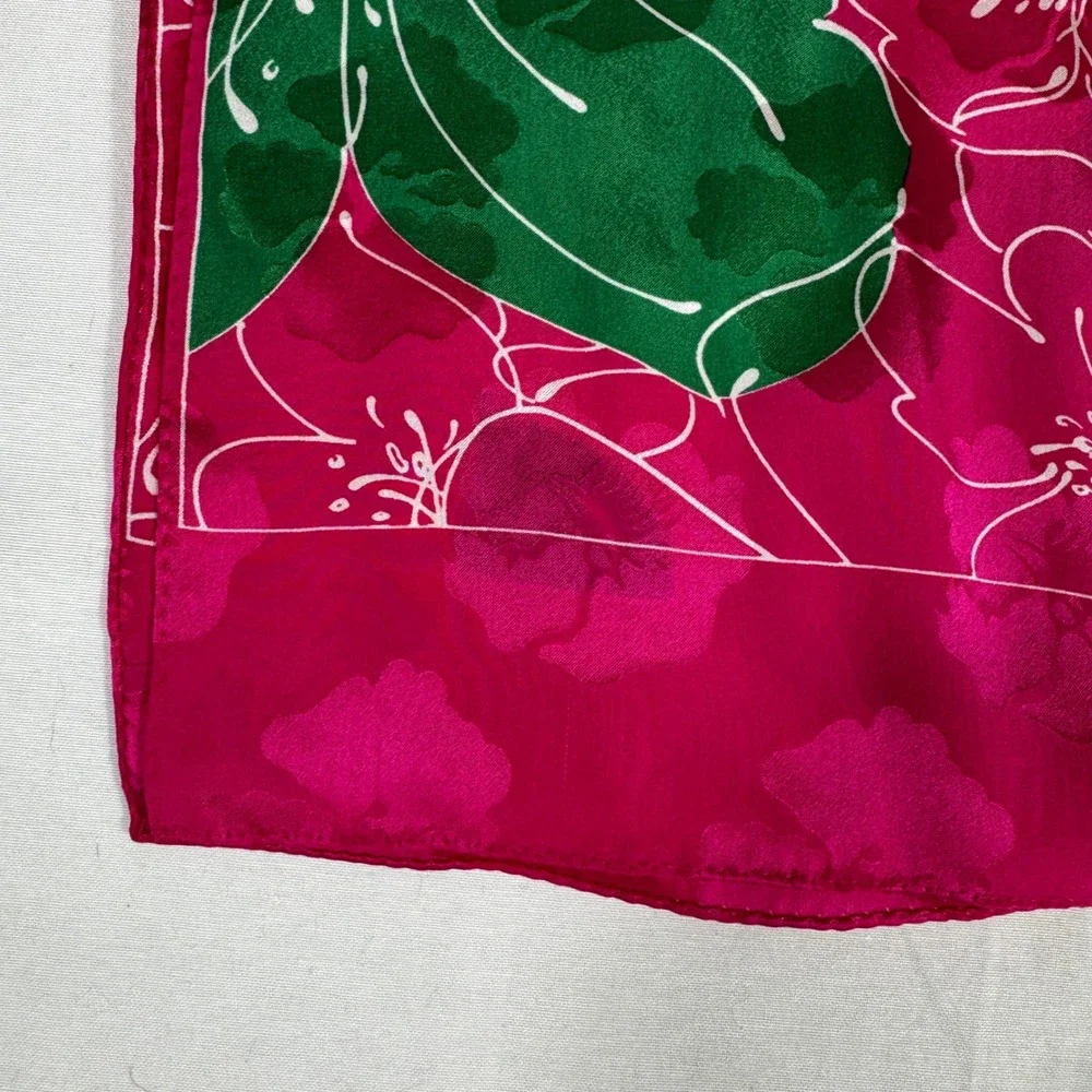 Ginnie Johnson Pink Hibiscus Floral Silk‎ Scarf Tropical Botanical Signed 61x11